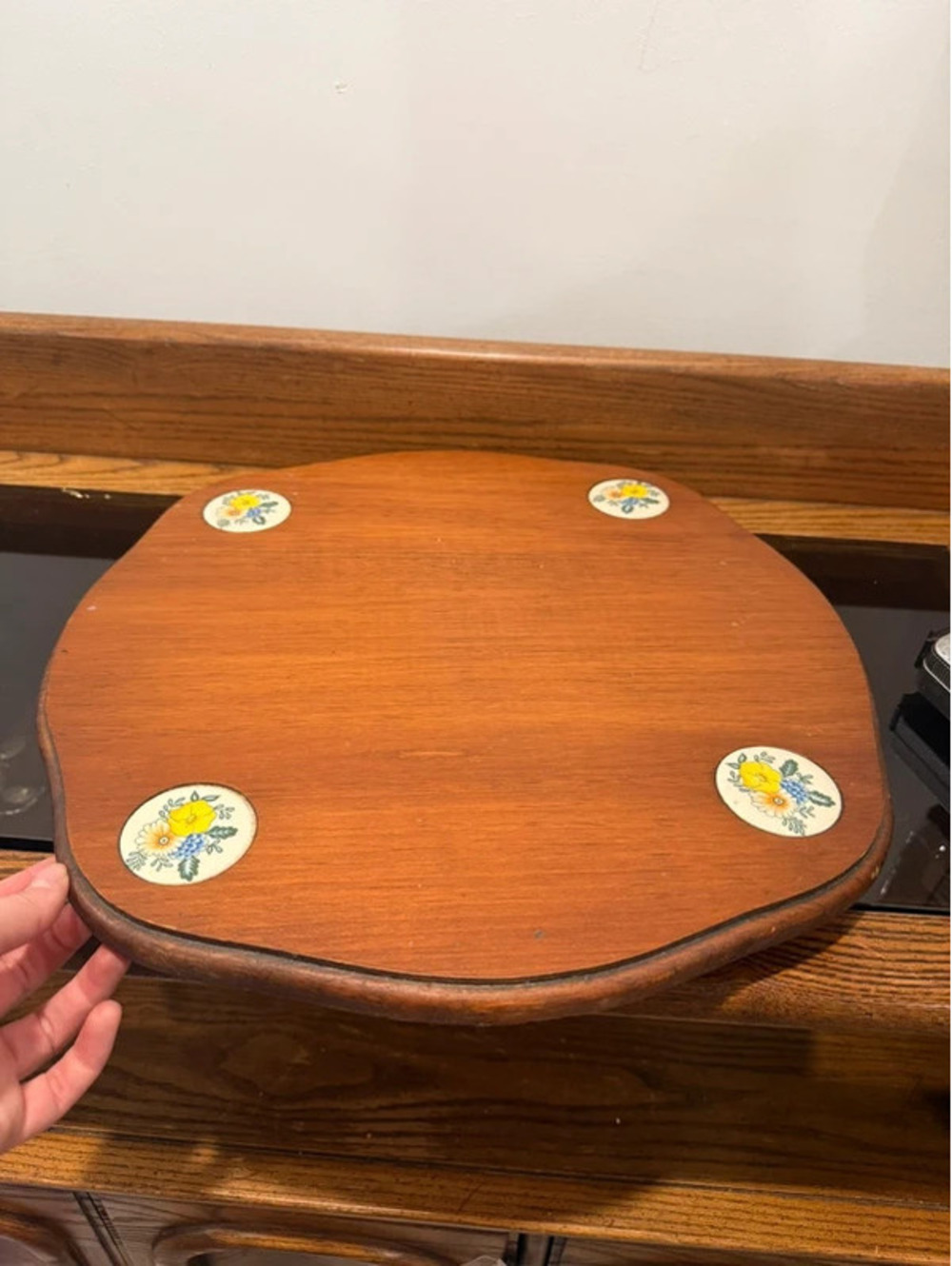 Vintage Wooden Lazy Susan Rotating Serving Tray Floral Ceramic Tile Inlay